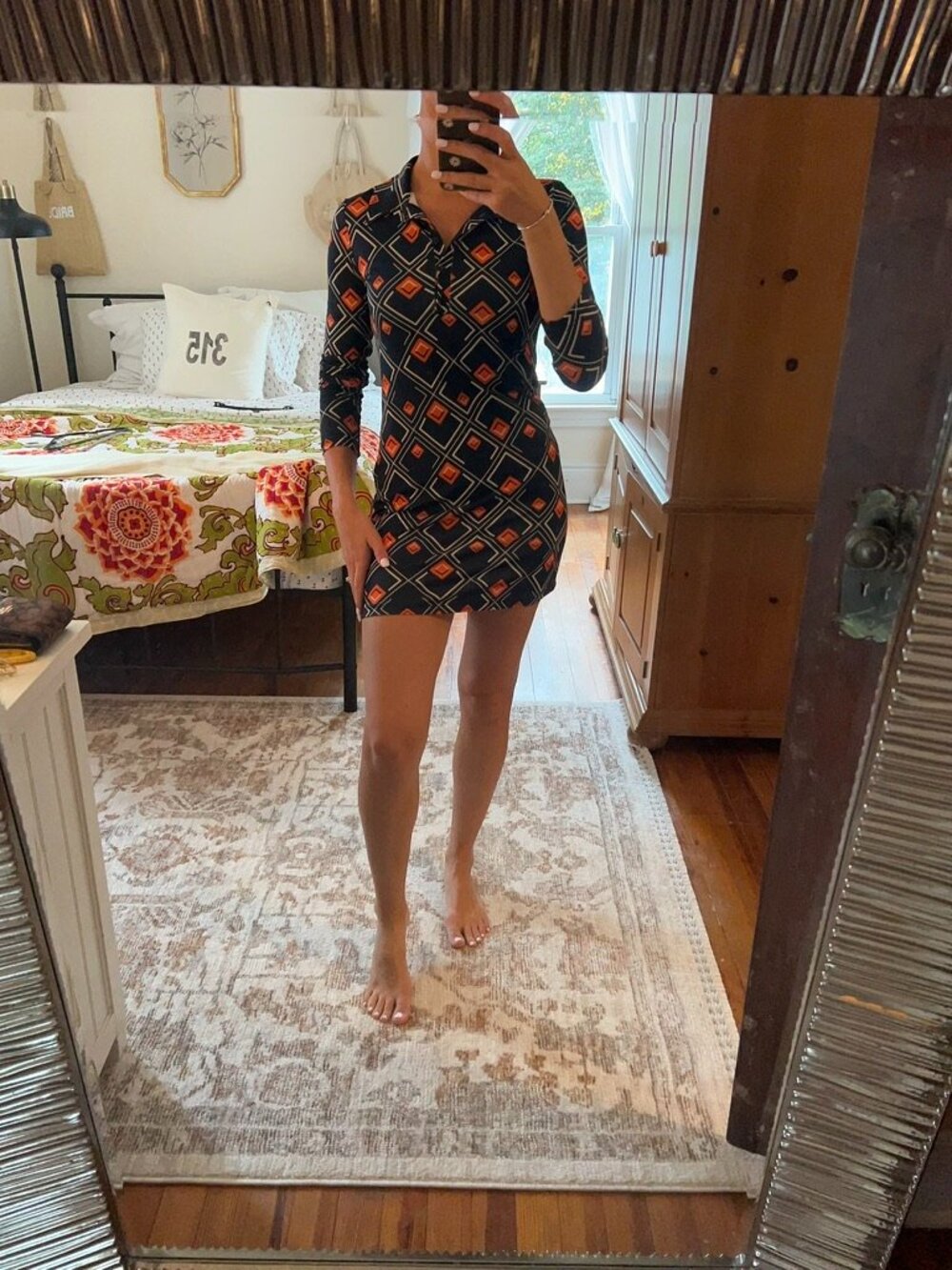 Zara Navy Orange Geometric Print Collared Mini Dress